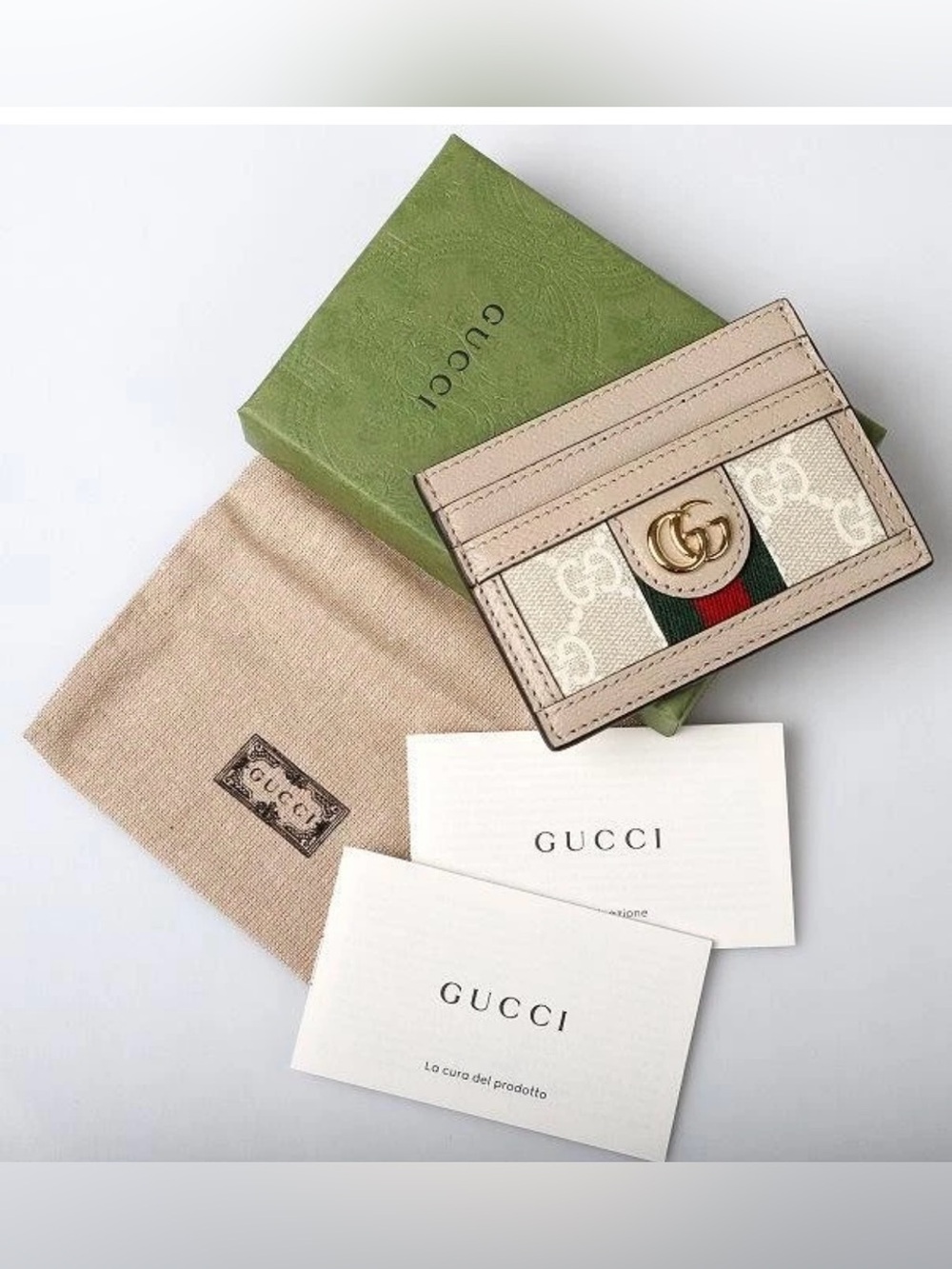 NEW GUCCI OPHIDIA DOUBLE G GREEN RED WEB GG SUPREME CARD CASE WALLET W/BOX